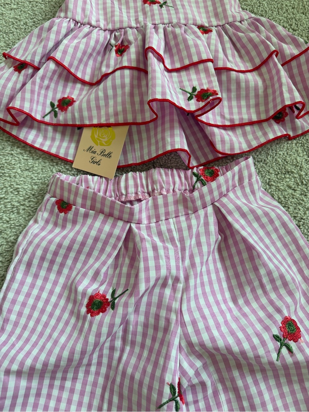 Mia Belle Girls Pink Gingham Rose Embroidered Matching Set - Picture 4 of 6